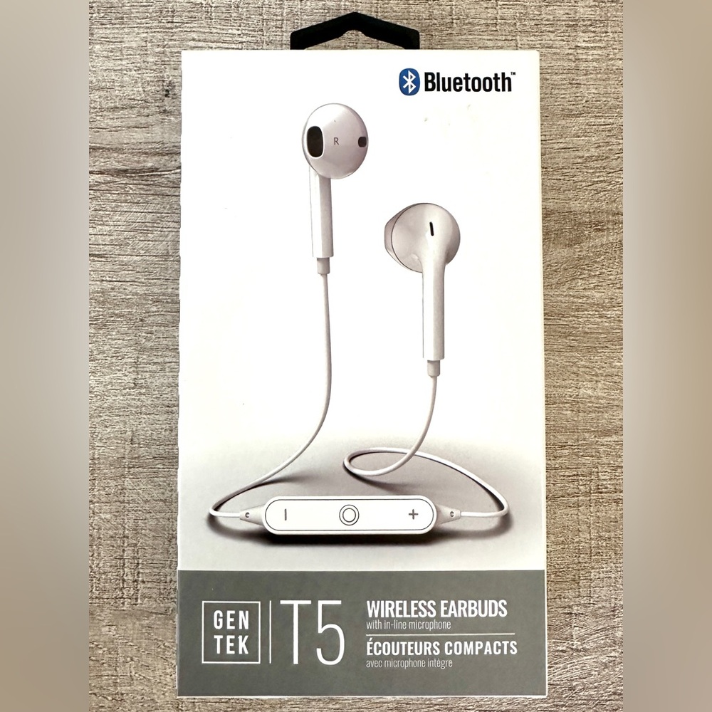 NWT GenTek T5 wireless Bluetooth earbuds with mic & volume control. Made in USA